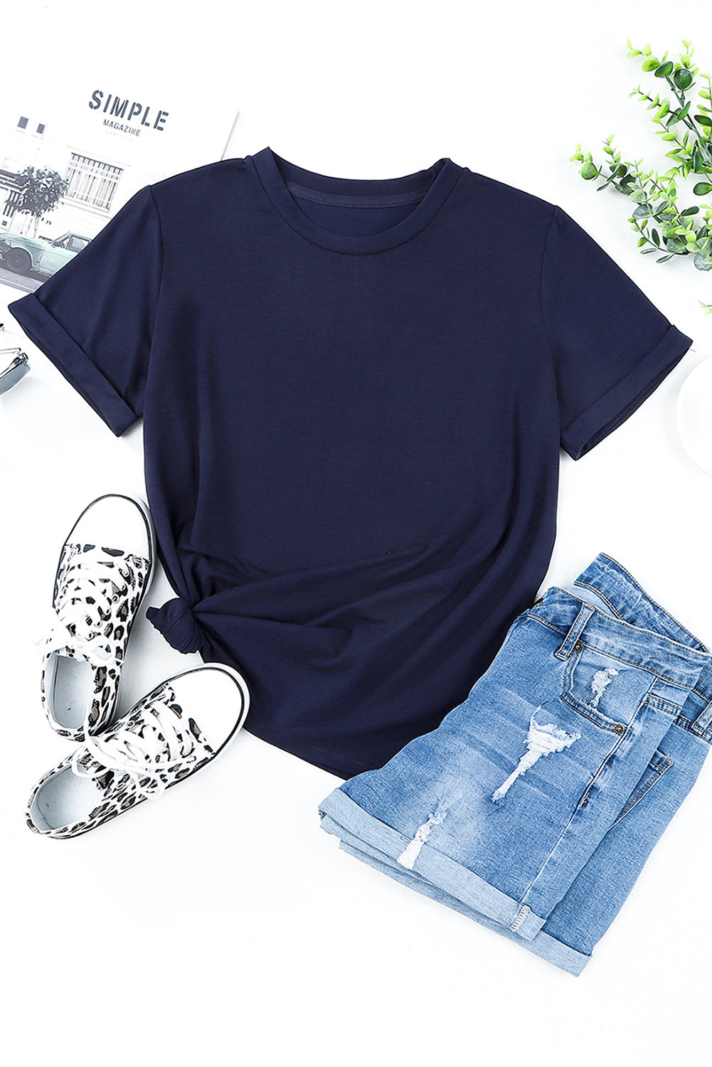 Green Plain Solid Color Crew Neck Tee