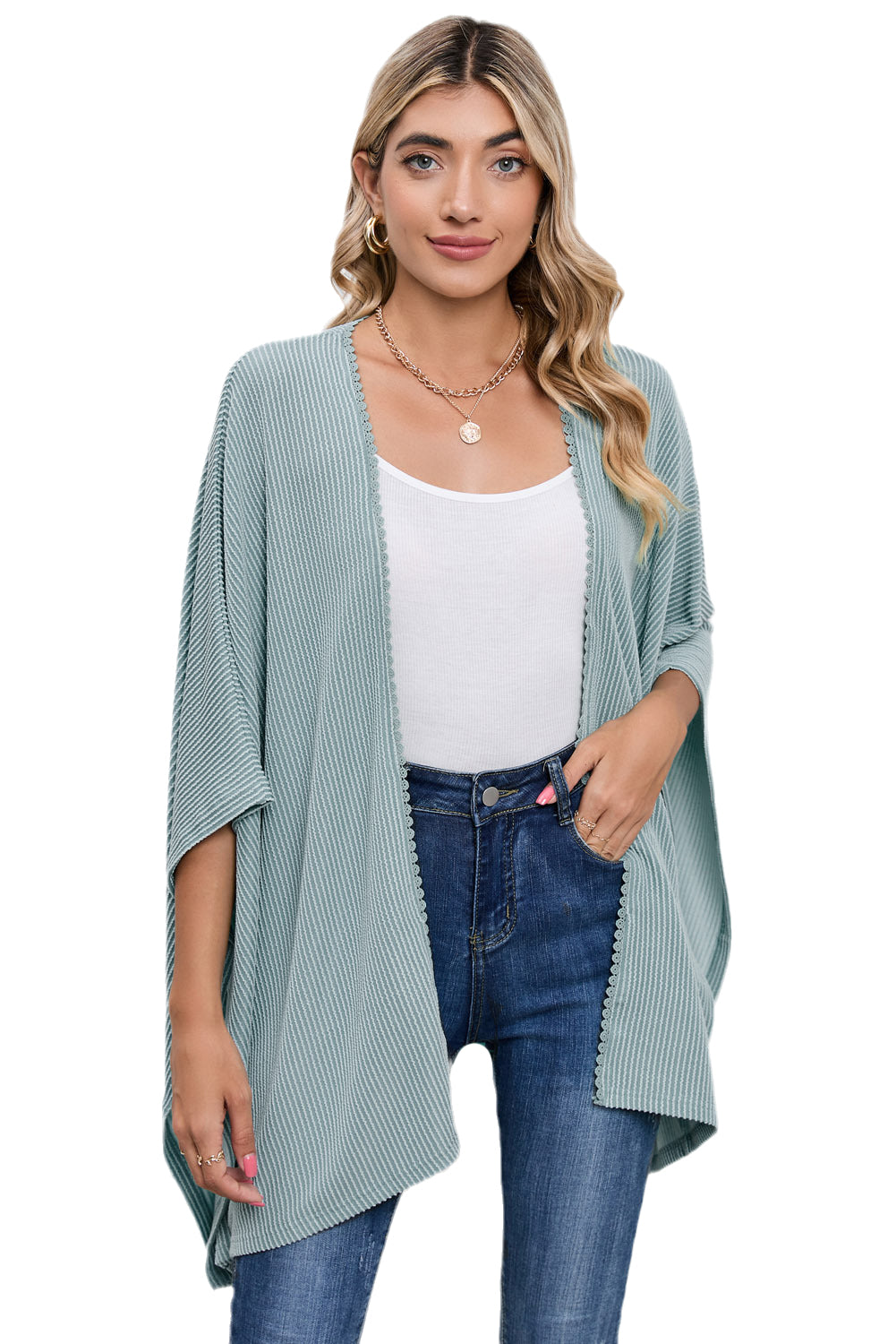 Black Textured Lace Trim Open Front Kimono Cardigan