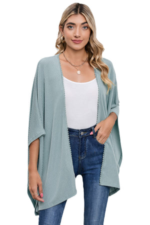 Black Textured Lace Trim Open Front Kimono Cardigan
