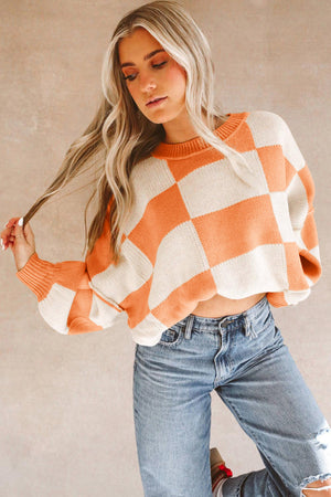 Orange & White Plaid Exposed Seam Bishop Sleeve Sweater