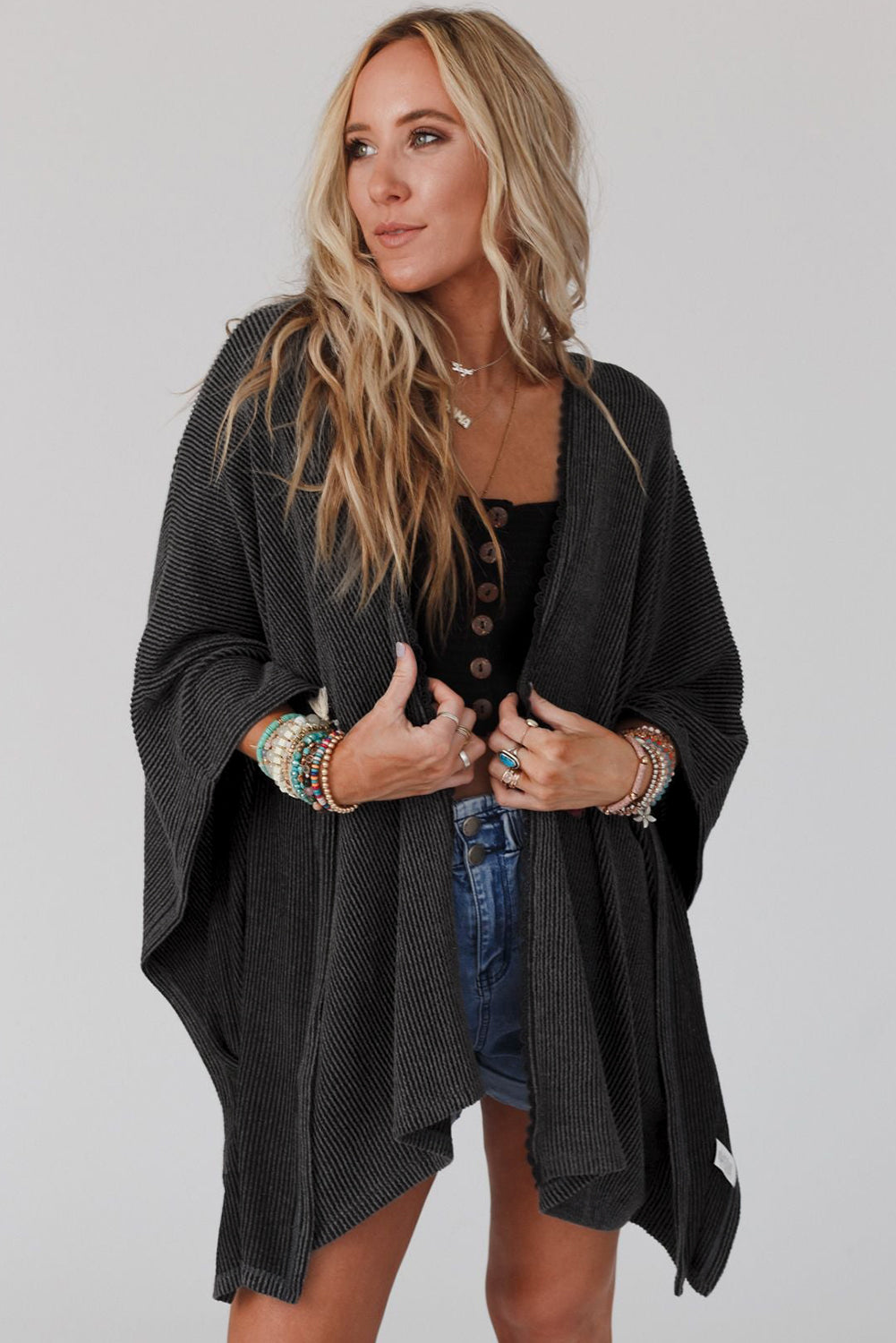 Black Textured Lace Trim Open Front Kimono Cardigan