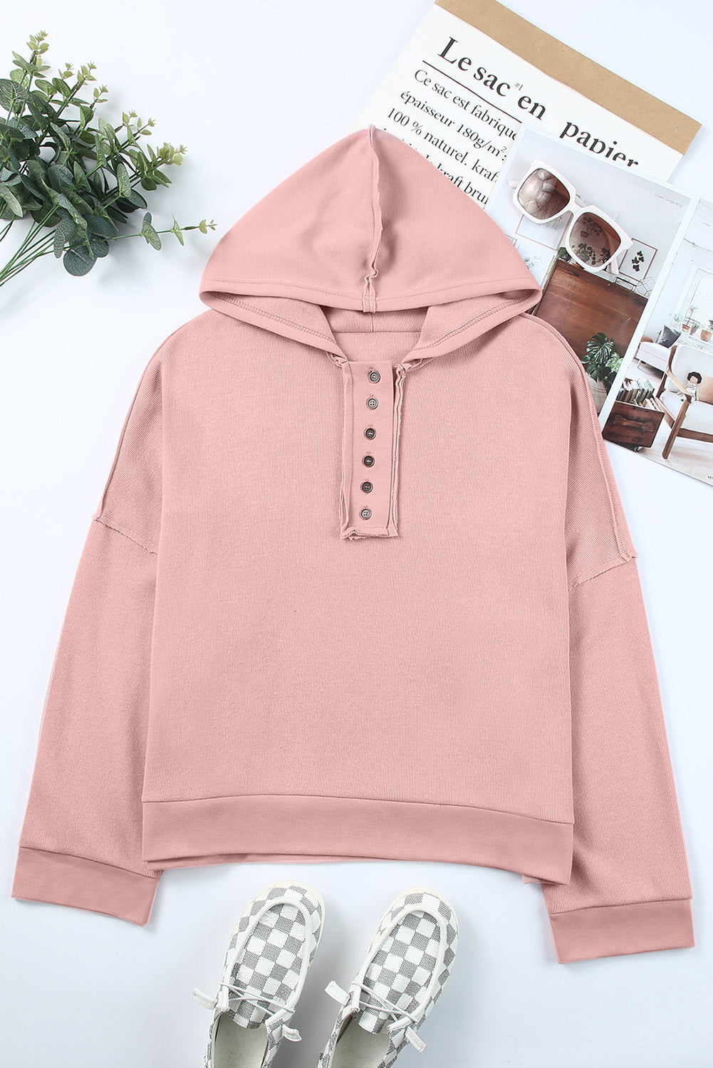 Orange Basic & Casual Button Front Pullover Hoodie