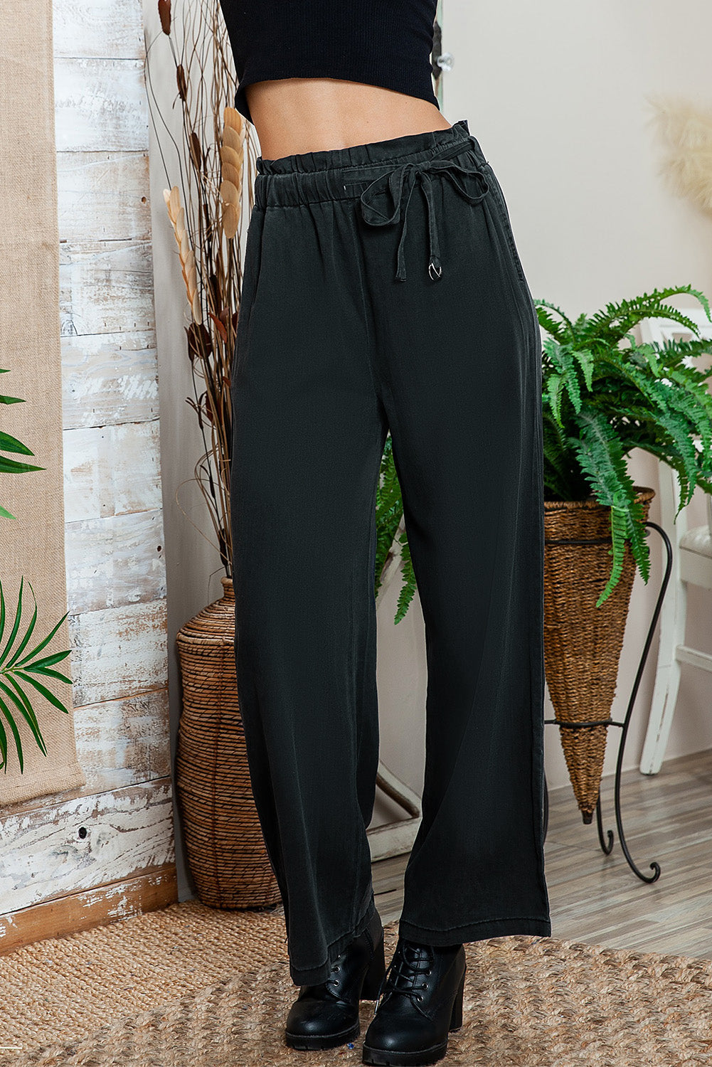 Blue High Waist Pocketed Wide Leg Tencel Jeans