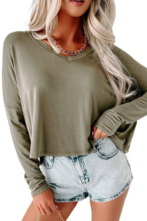 Green Plain Loose V Neck Dropped Long Sleeve Top