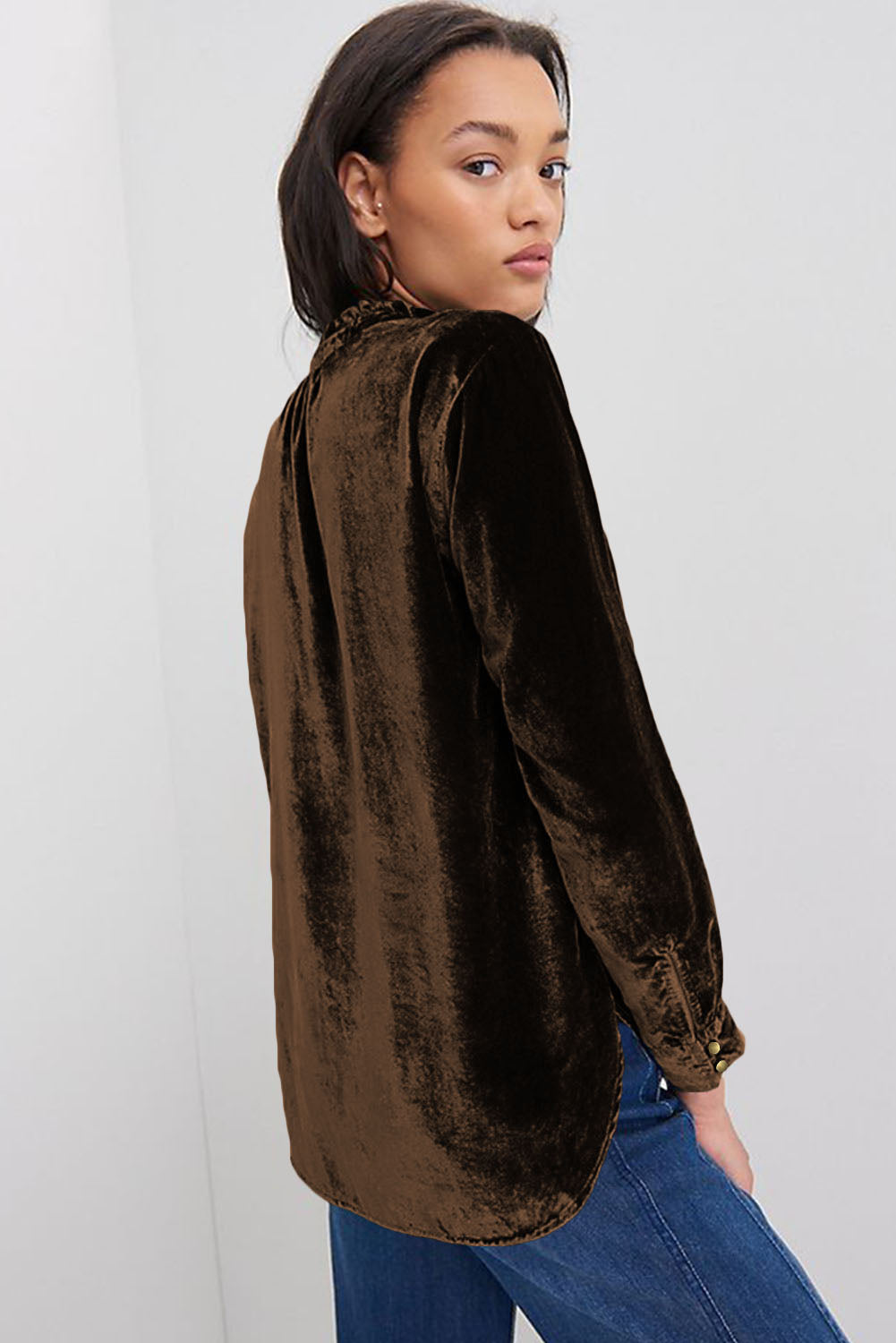 Black Frilled Neck Buttoned Front Velvet Top