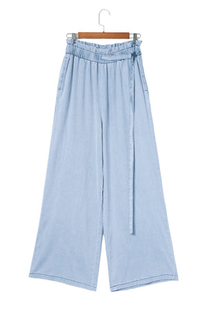 Blue High Waist Pocketed Wide Leg Tencel Jeans