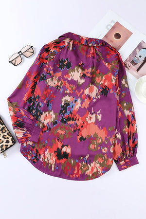 Green Graffiti Colorblock Casual V Neck Puff Sleeve Blouse