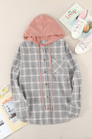 Black Plaid Drawstring Hooded Shacket