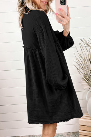 Black Ribbed and Crinkle Patchwork Puff Sleeve Shirt Dress