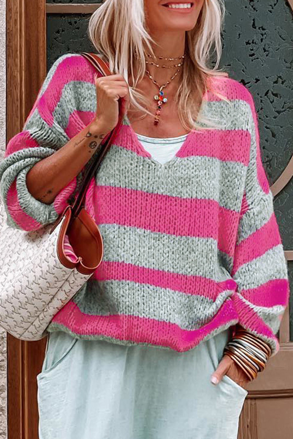 Green Striped Colorblock Knit V Neck Loose Fit Sweater