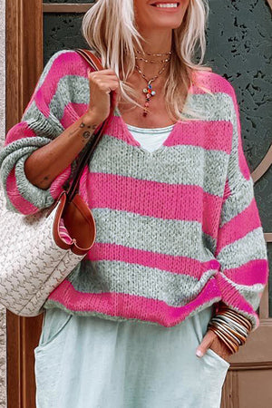 Green Striped Colorblock Knit V Neck Loose Fit Sweater
