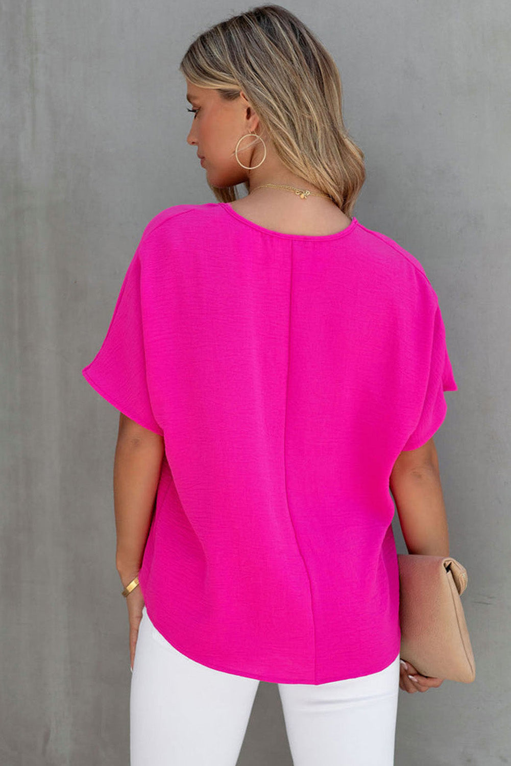 Pink Solid V Neck Textured Short Sleeve Plain Blouse
