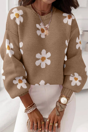 Black Floral Pattern Drop Shoulder Knit Sweater