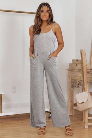 Gray Patch Pockets Spaghetti Strap Wide Leg Jumpsuit