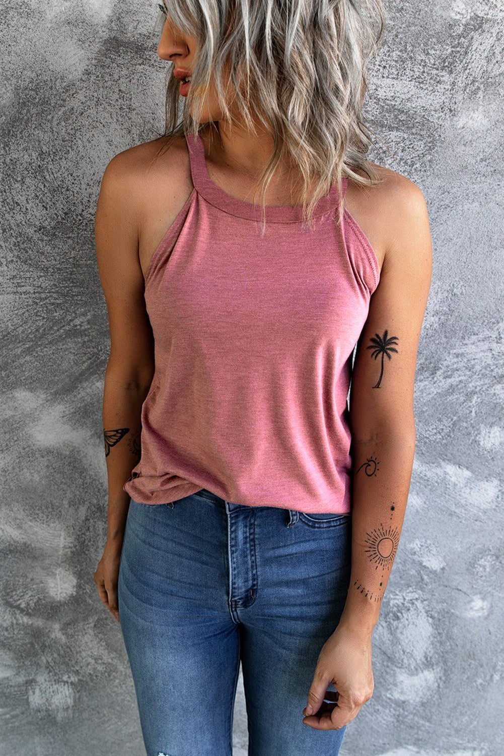 Pink Solid Color Crew Neck Tank Top
