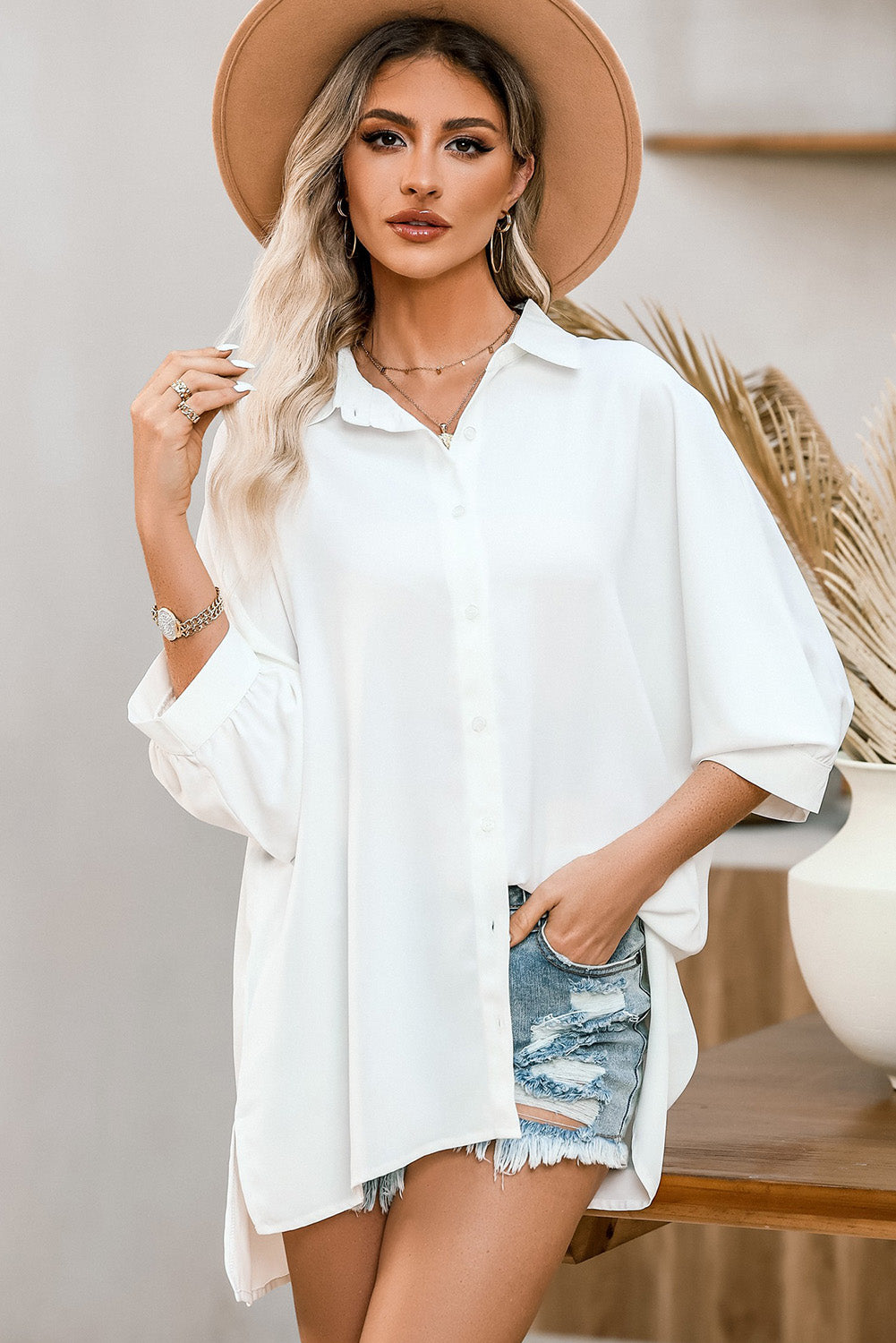 Green 3/4 Batwing Sleeve Oversize Button Up Shirt