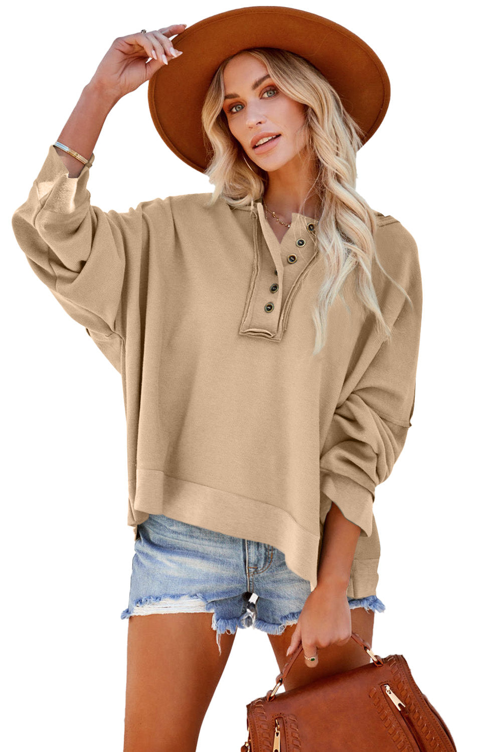 Orange Basic & Casual Button Front Pullover Hoodie