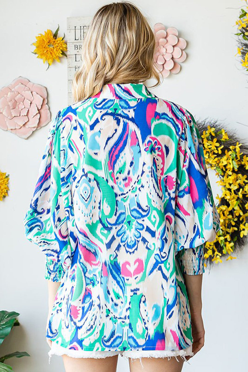 Sky Blue Paisley Print Lantern Sleeve Shirred Cuffs Blouse