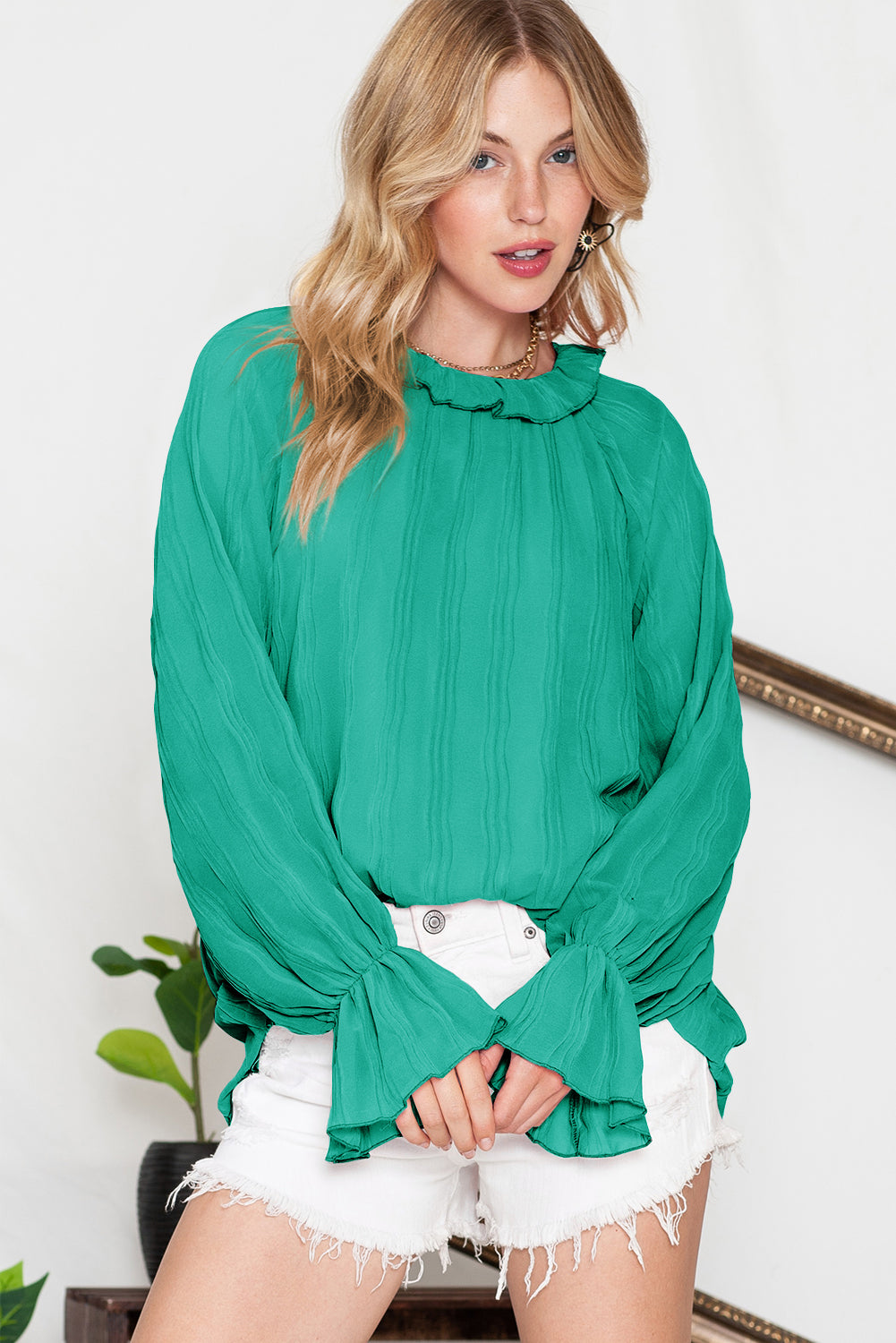 Black Crinkle Frilled Neck Pleated Long Sleeve Blouse