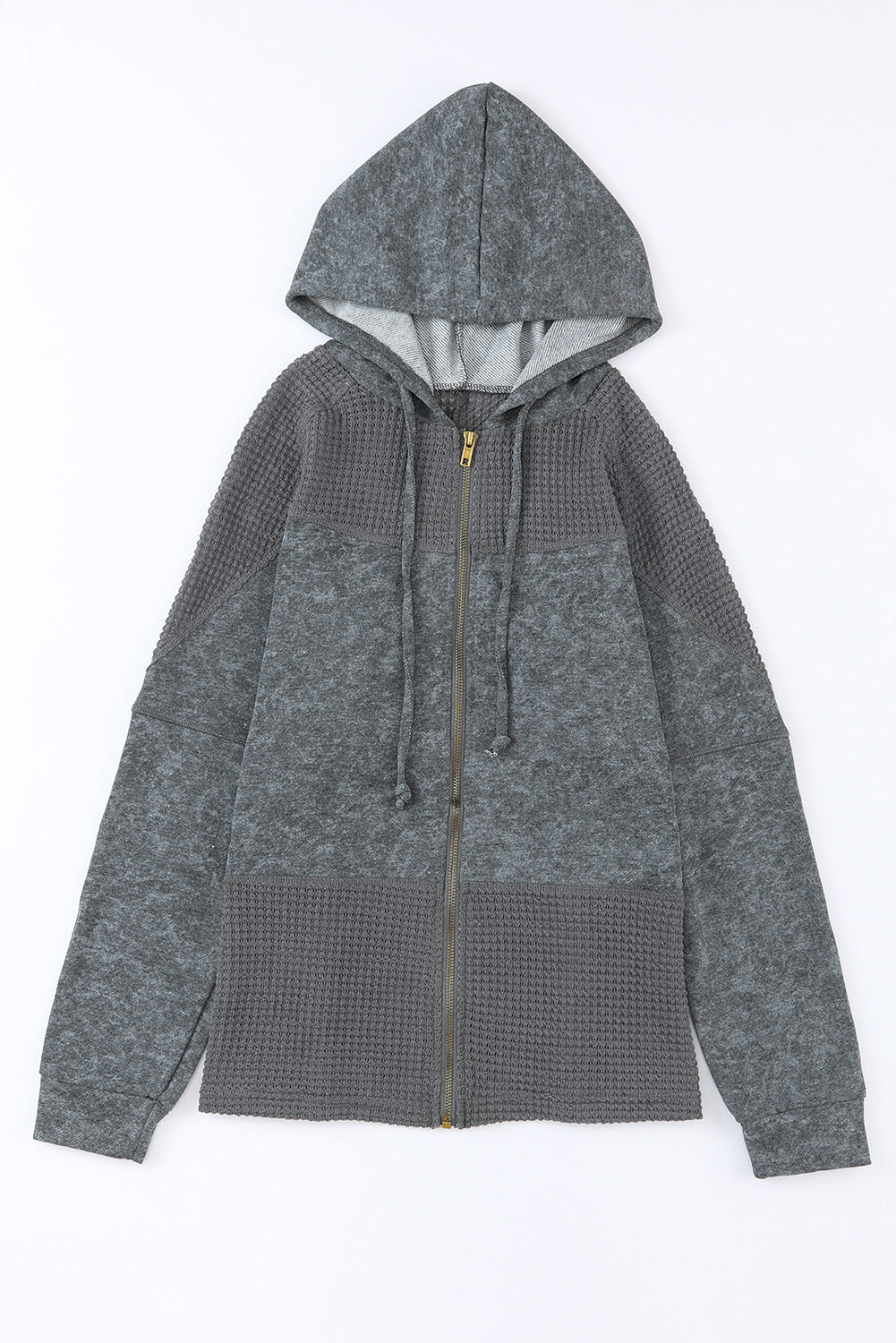 Khaki Dark Washed Patchwork Zip Up Hooded Jacket