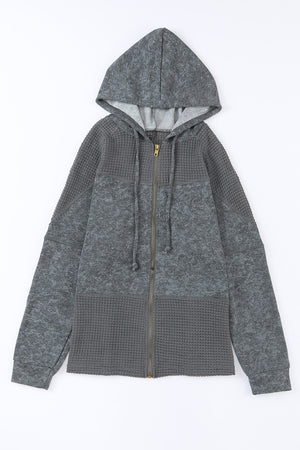 Khaki Dark Washed Patchwork Zip Up Hooded Jacket