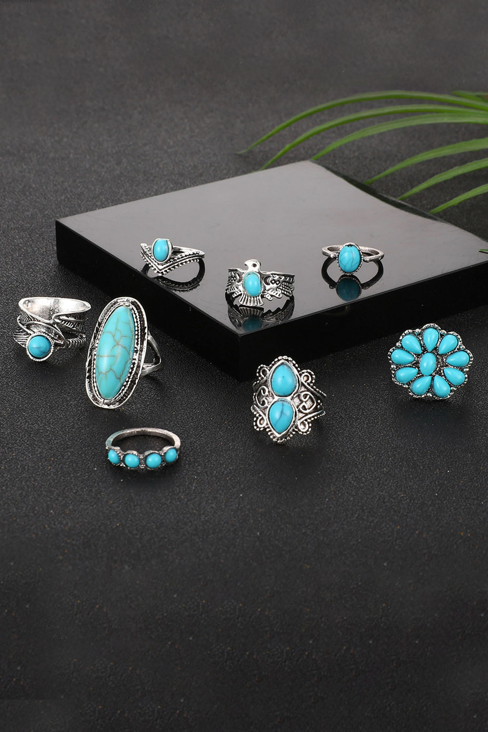 Green 8Pcs Vintage Western Turquoise Ring Set
