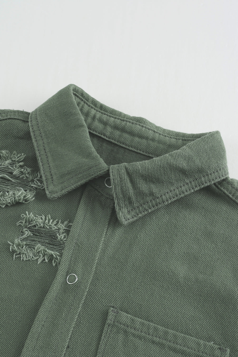 Green Casual Ripped Raw Hem Button Up Denim Shacket