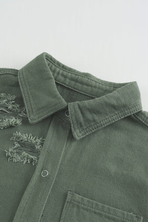 Green Casual Ripped Raw Hem Button Up Denim Shacket