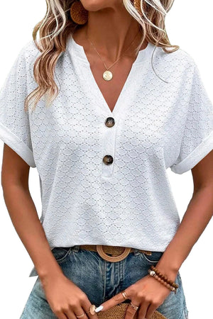 Black Button V Neck Eyelet Solid Color Blouse
