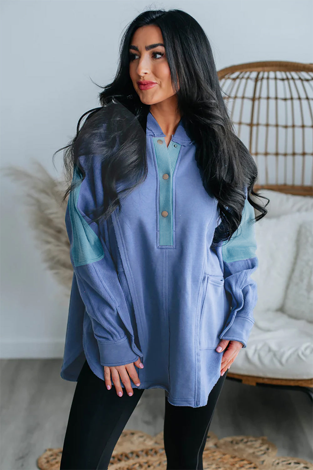 Grey Color Block Snap Button Exposed Seam Pullover Hoodie