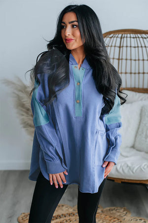 Grey Color Block Snap Button Exposed Seam Pullover Hoodie