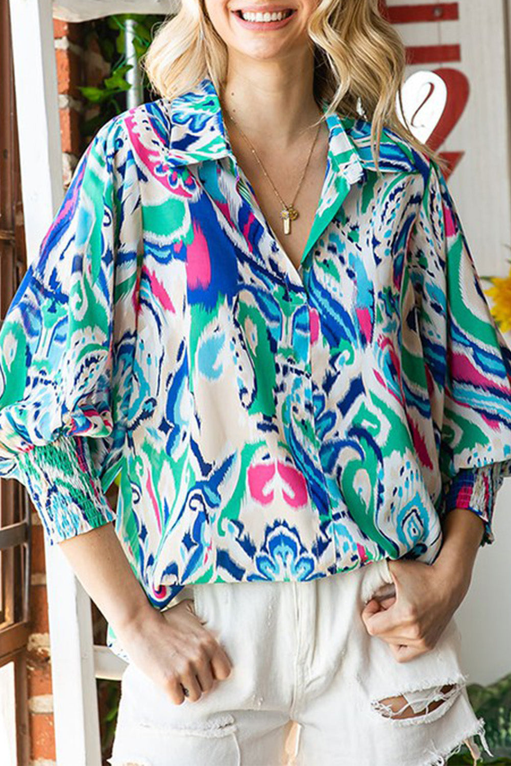 Sky Blue Paisley Print Lantern Sleeve Shirred Cuffs Blouse