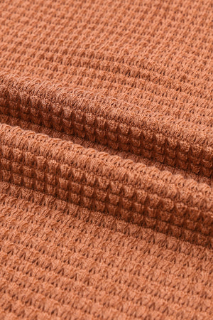 Brown Waffle Knit Button Contrast Trim Long Sleeve Top