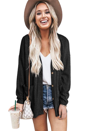 Grey Pocketed Casual Button Front Knit Cardigan