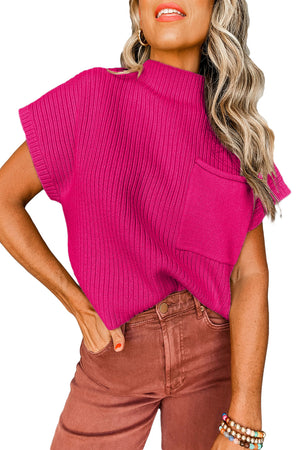 Green Patch Pocket Ribbed Knit Short Sleeve Sweater