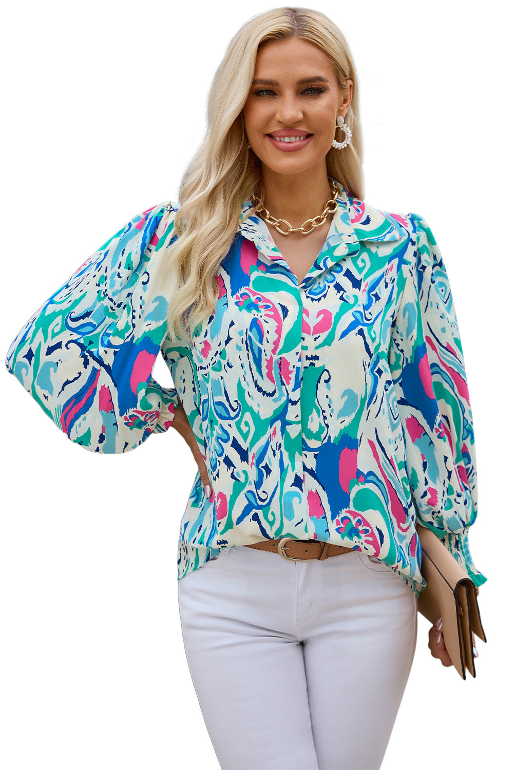 Sky Blue Paisley Print Lantern Sleeve Shirred Cuffs Blouse
