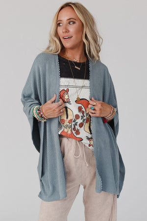 Black Textured Lace Trim Open Front Kimono Cardigan
