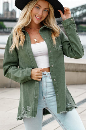 Green Casual Ripped Raw Hem Button Up Denim Shacket