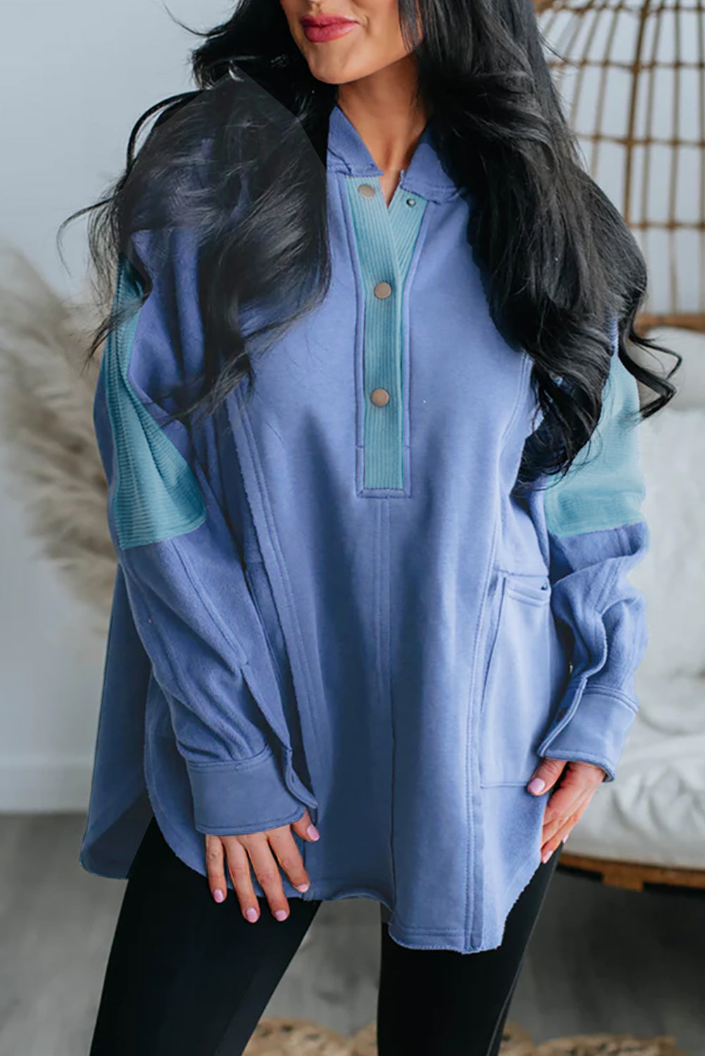 Grey Color Block Snap Button Exposed Seam Pullover Hoodie