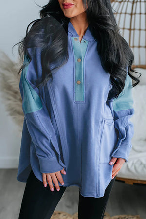 Grey Color Block Snap Button Exposed Seam Pullover Hoodie