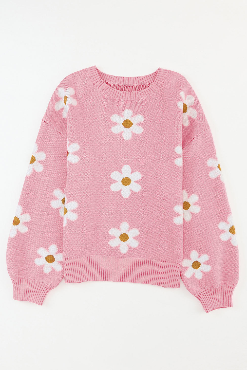 Black Floral Pattern Drop Shoulder Knit Sweater