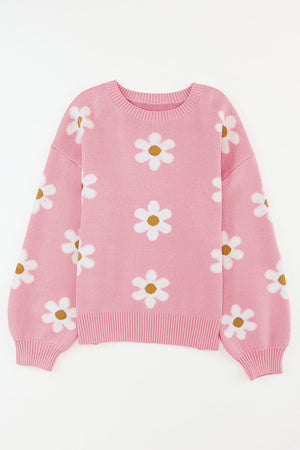 Black Floral Pattern Drop Shoulder Knit Sweater