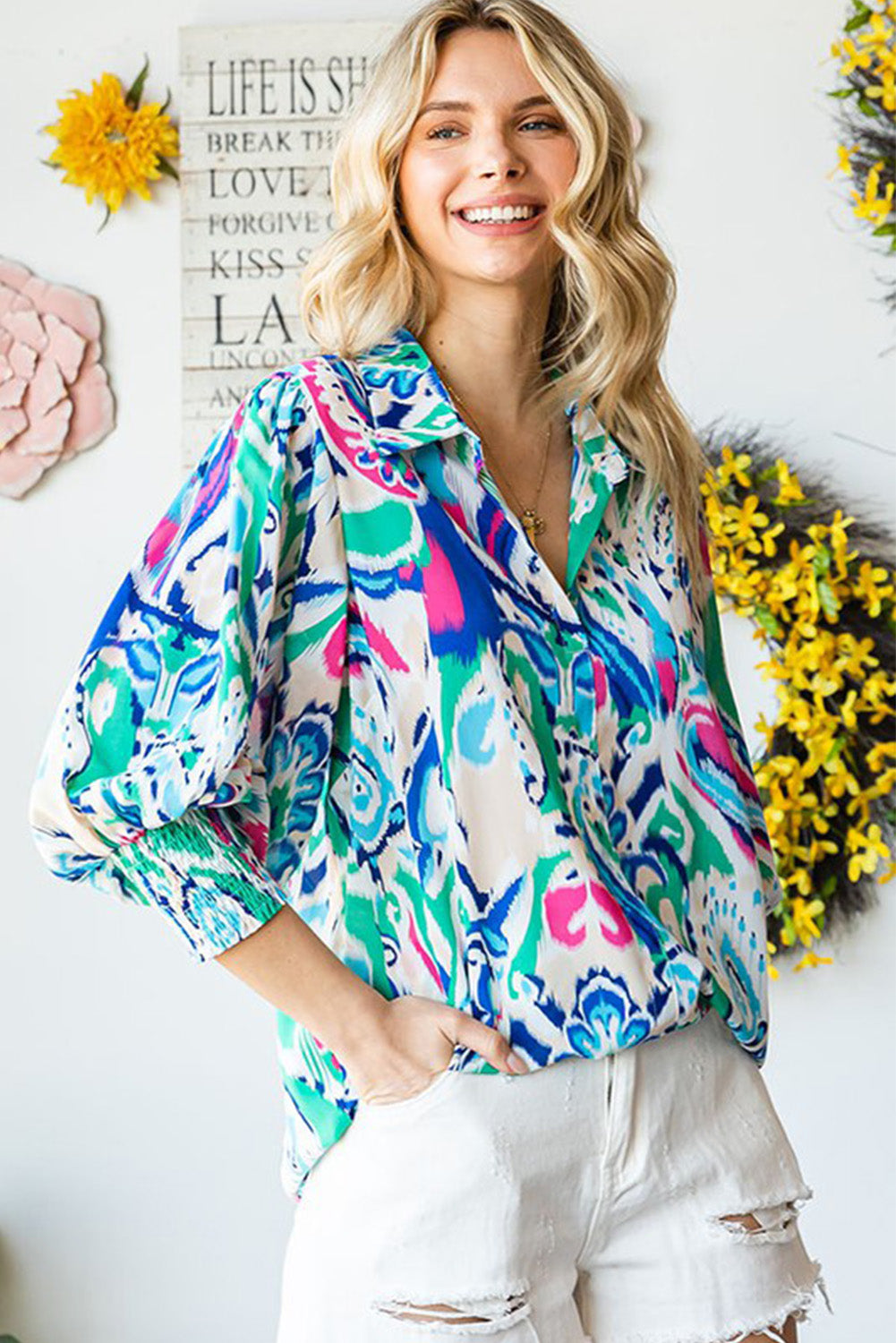 Sky Blue Paisley Print Lantern Sleeve Shirred Cuffs Blouse