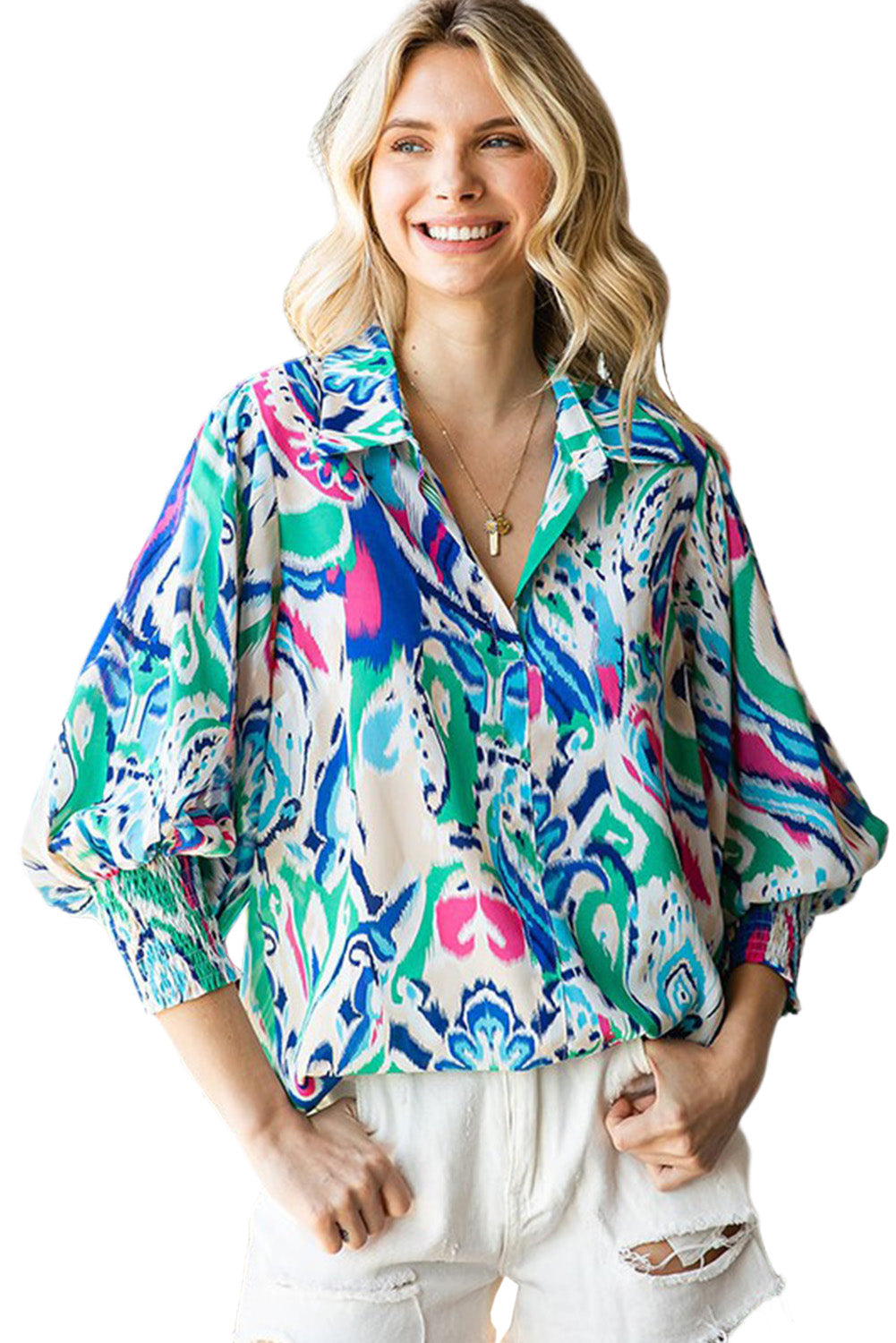 Sky Blue Paisley Print Lantern Sleeve Shirred Cuffs Blouse