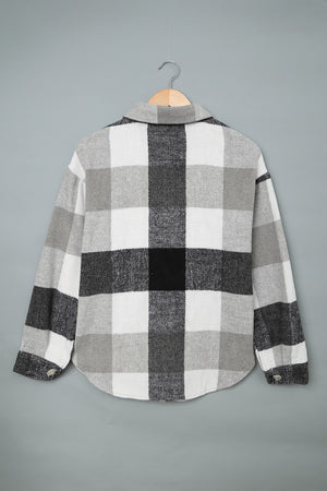 Gray Plaid Color Block Buttoned Long Sleeve Jacket with Pocket