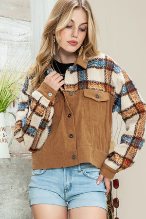 Green Plaid Corduroy Flap Pockets Boxy Chunky Jacket