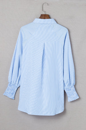 Black Striped Casual Shirred Cuffs Shirt