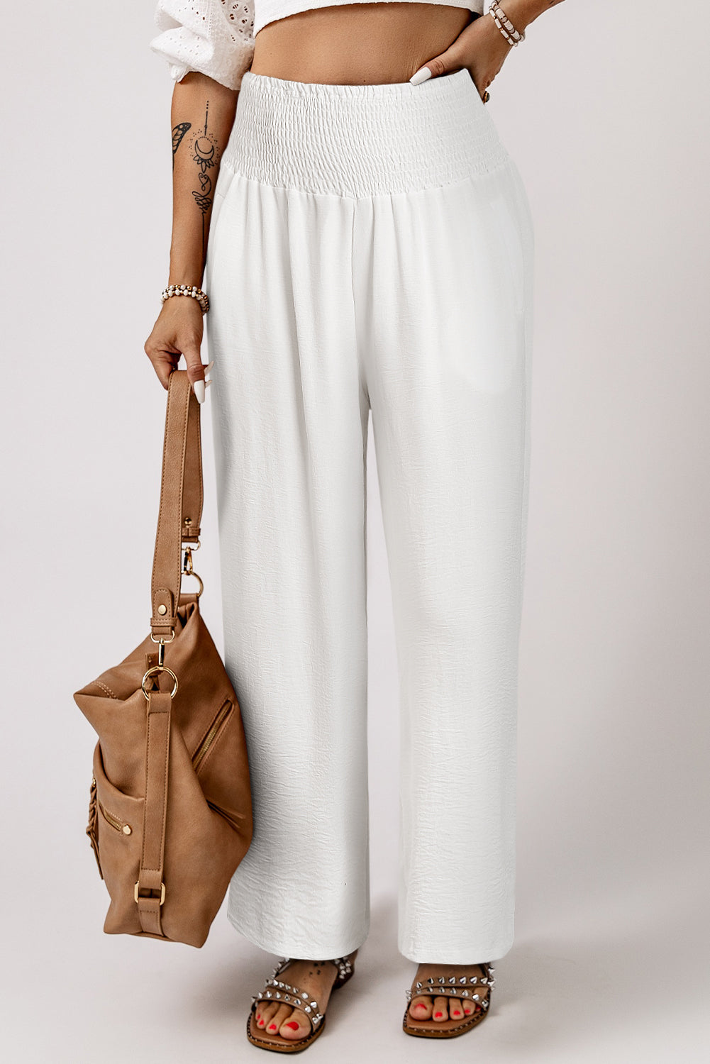 Red Smocked Pockets High Waisted Beach Pants