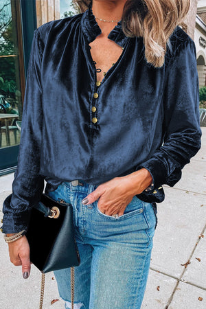 Black Frilled Neck Buttoned Front Velvet Top