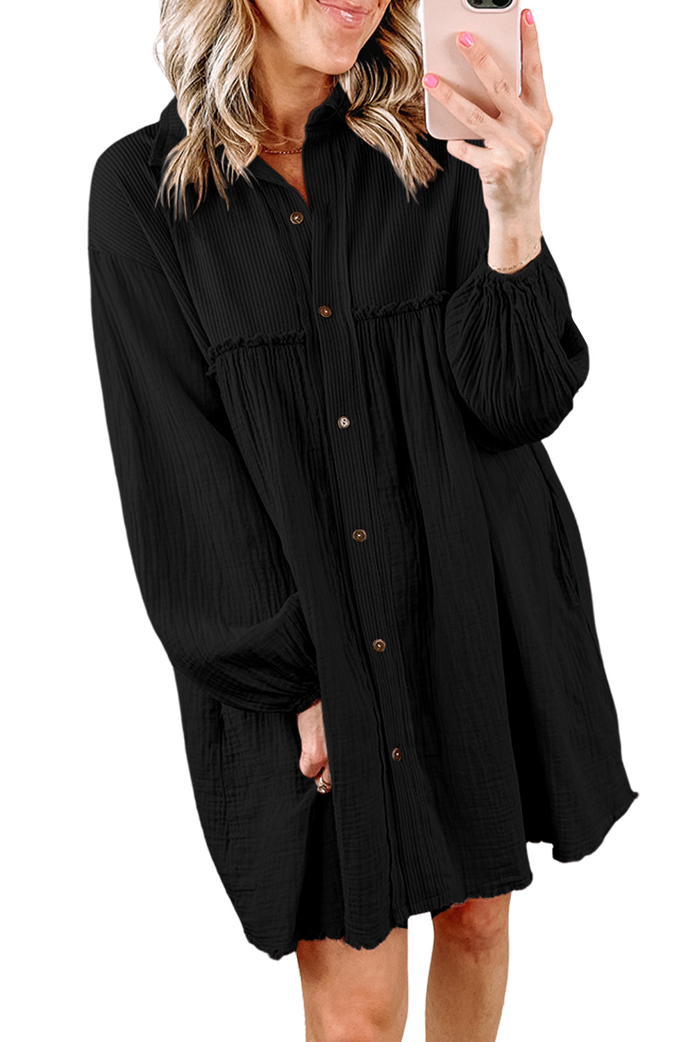 Black Ribbed and Crinkle Patchwork Puff Sleeve Shirt Dress